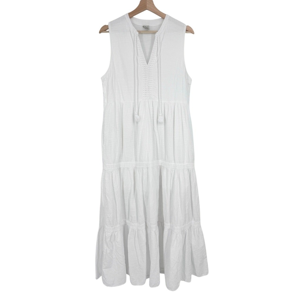 Blanco by Nature Women's White Cotton Tiered Boho Maxi Dress Sz M Gauze Coastal
